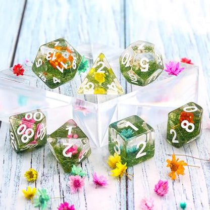 Handan Resin DND Dice Set Handmade Flower D&D Die Filled with Flowers and Grass for D&D Dungeons and Dragon Tabletop Games