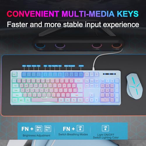 HUO JI Gaming Keyboard USB Wired with Rainbow LED Backlit, Floating Keys, Mechanical Feeling, Spill Resistant, Ergonomic for Xbox, PS Series, Desktop, Computer, PC, Purple Blue - color: Purple/Blue