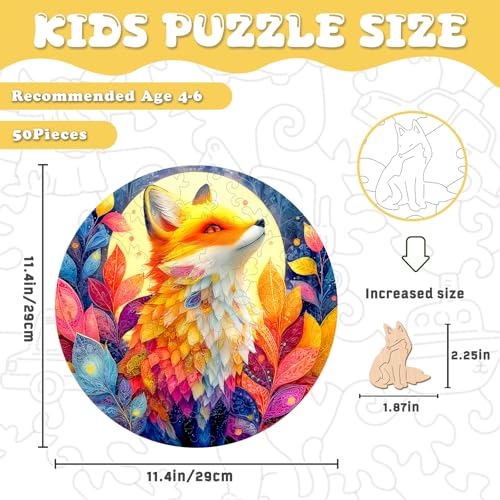 Animal Wooden Puzzles for Kids - Red Fox (11.4 * 11.4 in) | 50 Piece Puzzles for Kids Ages 6-8, Kids Puzzles with Unique Animal Shapes, Round Gift for Girls and Boys - color: Red Fox