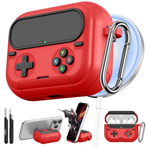 Getino Retro Game Case for AirPods Pro 3 | Game Console Design Protective Cover with Foldable Stand, Secure Lock Anti-Drop Shockproof PC+TPU Case, Keychain & Cleaning Kit for Men & Boys, Red - color: Red