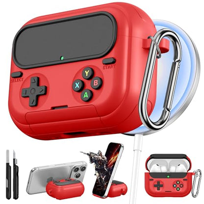 Getino Retro Game Case for AirPods Pro 3 | Game Console Design Protective Cover with Foldable Stand, Secure Lock Anti-Drop Shockproof PC+TPU Case, Keychain & Cleaning Kit for Men & Boys, Red - color: Red