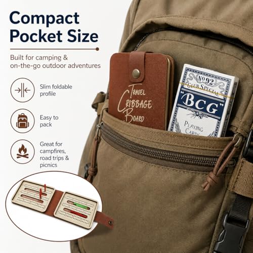 Portable Cribbage Board Set, Premium Leather Foldable Cribbage Game with Playing Card & Pegs, Pocket Size for Camping, Travel, Adventures & Unique Gift for Father's Day, Christmas & Cribbage Lovers
