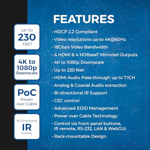 OREI HDBaseT 4x4 Matrix Extender HDMI 230ft 4K60Hz HDR EDID RS-232 TCP/IP | HDMI Matrix Switch Extender, 4x4 HDMI Extender Matrix 4K – HDMI 2.0, HDCP 2.2, Dolby TrueHD, DTS-HD MA - size: 4x4 - Up to 230 Ft