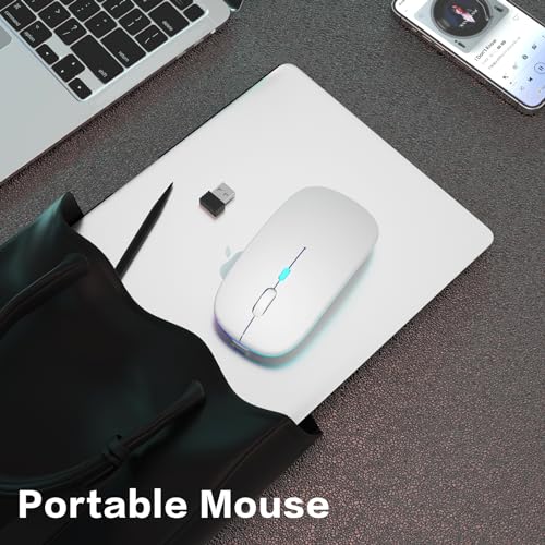 AIKOKOK Wireless Bluetooth Mouse, Rechargeable Dual Mode Mouse, White | BT 5.2 & 2.4G USB Receiver, 3 Adjustable DPI,LED Lights,Slim,Silent,Portable Computer Mouse for Laptop,PC,MacBook,iPad,Tablet - color: White