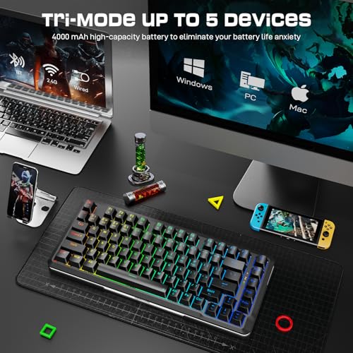 Redragon K713 Wireless Mechanical Keyboard, Gasket Mounted RGB Gaming Keyboard, 3-Mode (2.4G/BT/USB), Pre-Lubed Linear Red Switches, 75％ Layout, 82 Keys Hot Swappable for PC/Mac - Black - color: Abyssal Black, size: Pre-Lubed Red Switch