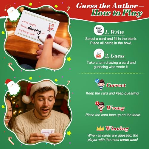 Christmas Card Game Set for Family Game Night, 120 Cards with 10 Dry Erase Markers, Fun Holiday Party Board Games for Groups of 3 or More Players, Stocking Stuffer & Secret Santa Gift