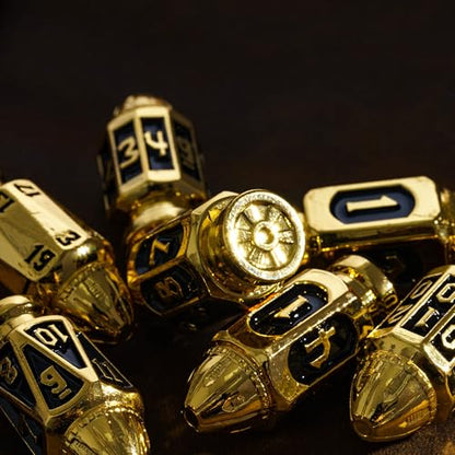 UDIXI Bullet Metal DND Dice Set, 7PCS D&D Bullet RPG Dice Set Golden Black | Cool Design, Magazines Container and PU Leather Bag, for Dungeons and Dragons Role Playing Games and Tabletop Games RPG - color: Golden Black