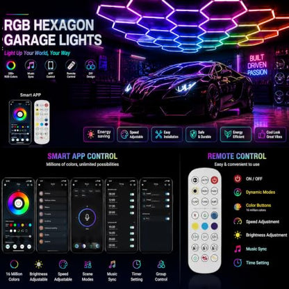 31Pack RGB 7 Hexagon LED Garage Lights - Music Sync Color Changing,App & Remote Control,358 Modes DIY Honeycomb Light for Gaming Room,Gym,Garage - color: RGB-31Lights-7Hexagon