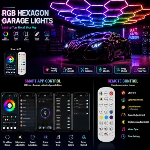 25Pack RGB 5 Hexagon LED Garage Lights-Music Sync Color Changing,App & Remote Control,358 Modes DIY Honeycomb Light for Gaming Room,Gym,Garage - color: RGB-25Lights-5Hexagon
