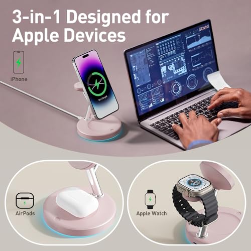 【Adjustable Blue Ambient Light】 Wireless Charger 3 in 1 for iPhone, Magnetic Charging Station for Apple Family,15W Fast MagSafe Charger Stand,for iPhone17-12-iWatch AirPods Series - color: Pink