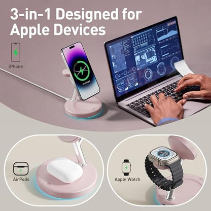 【Adjustable Blue Ambient Light】 Wireless Charger 3 in 1 for iPhone, Magnetic Charging Station for Apple Family,15W Fast MagSafe Charger Stand,for iPhone17-12-iWatch AirPods Series - color: Pink