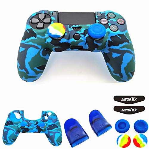 Silicone Skin Cover for Ps4 Controller (1pc Anti-Slip Case, 1 Pair L2 R2 Trigger Extender, 4pcs Thumb Grips,4pcs LED Light Bar Decal) Protector for DualShock PS4/ Slim/Pro Controller (Blue camouflage) - color: Blue camouflage