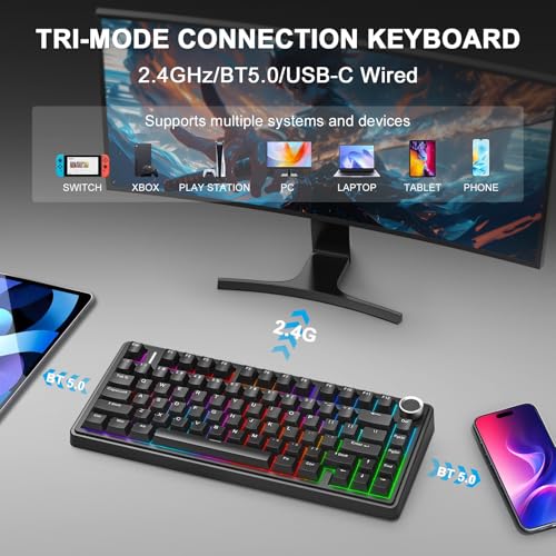Aula F75 75% Wireless Mechanical Keyboard, Gasket Mount Hot Swappable Gaming Keyboard with Knob, Tri-Mode BT5.0/2.4G/USB-C, Creamy Thocky Sound Pre-lubed Linear Switch, PBT Keycaps for PC Mac - color: Black