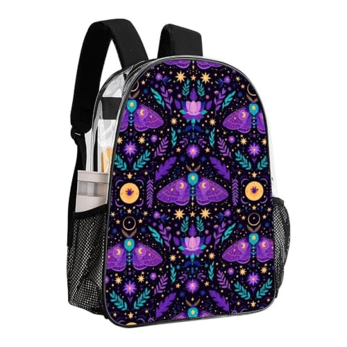 Reinforced Strap Clear See Through Backpack Concert Festival | Padded Adjustable Shoulder Strap, Goth Moon Moths, Stadium Approved Bookbag for College Men Women Festival - color: Pattern (322)