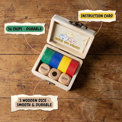 Left Right Roll Dice Game Set - 3 Wood Dice & 36 Plastic Chips in Wooden Box, Fun Family Party Dice Games for Adults, Teens & Friends, White - color: White