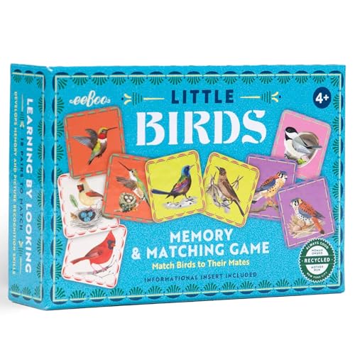 eeBoo Little Birds Memory & Matching Game, Ages 4+, 1-4 Players | Introduces common backyard bird species. Sharpens recognition, concentration & memory skills. Includes 36 tiles, 18 pairs - style: Birds