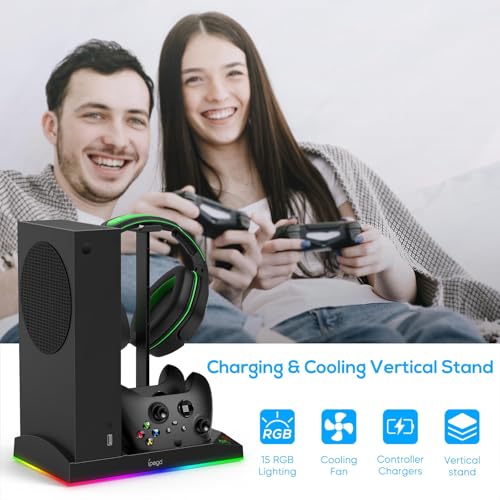 Upgraded RGB Cooling Fan Charge Stand for Xbox Series S Console &Controller | Dual Charger Dock Cooler System Stand with 15 Colorful Light Modes Accessories with 2*1400mAH Rechargeable Battery, Black - color: Black