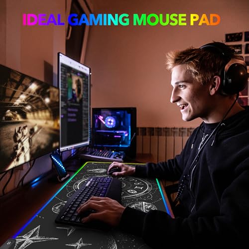 AIMSA RGB LED Gaming Mouse Pad, 14 Modes Glow Pad, Extra Large Gaming Mousepad, 35.4 x 15.8 inch Extended Big Waterproof Keyboard Mouse Pad Mat, Black Cosmic Constellation Magic - color: Black Cosmic Constellation Magic