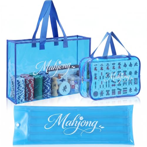 3 Pcs Clear Mahjong Bag Set, Waterproof PVC Tote Bags with Zipper Closure Large Medium Carry Bag with Storage Pouch Transparent Organizer for Mahjong Tiles, Travel,Game(Blue) - color: Blue