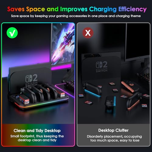 Charging Dock for Nintendo Switch 2 Joy Con, RGB Docking Station for Joycons Controller, Switch 2 Accessories with 18 Game Card Slots - size: 6FT