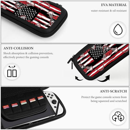 PPIKTC Portable Hard Shell Case Compatible with Nintendo Switch, Travel Carrying Storage Bag with 15 Game Cartridges, Lacrosse American Flag - color: Design (332)