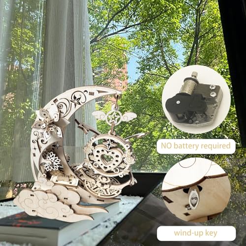 Wooden 3D Puzzle for Adults Mechanical Music Box Model Kits Wood DIY Crafts Kit Jigsaw Puzzle for Age 14+ Years Old - style: moon