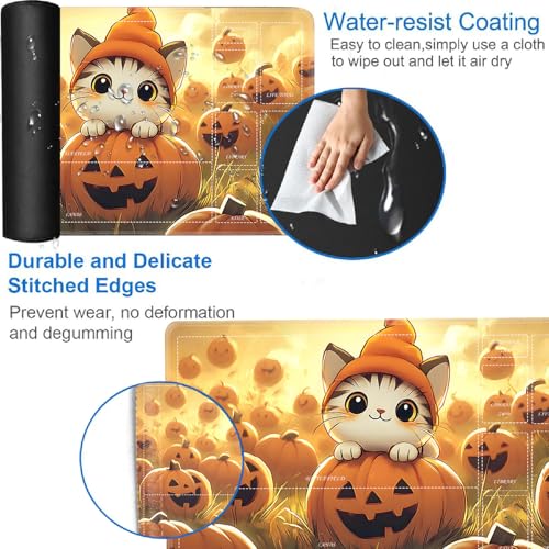 for MTG/TCG Playmat with Zones, 24 x 14 inches Trading Card Playmat with A Storage Bag and 6 Dice, Non-Lip Rubber Bottom Game Desk Mat, Halloween Cat in The Pumpkin Patch - color: Yux-playmats-2-3A-255