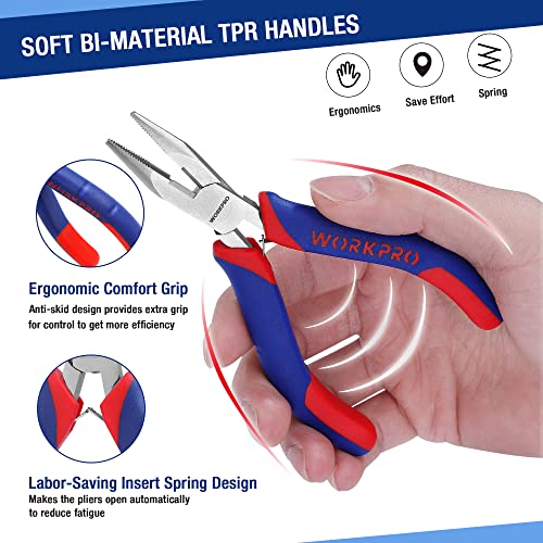 WORKPRO Mini Pliers Set, 3-Piece Small Pliers Tool Kit | Includes 4” Diagonal Plier, 5” Long Nose Plier, 6” Needle Nose Plier, for Making Crafts, Repairing Electronic Devices