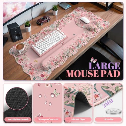 iCasso Desk Mat Set,Large Mouse Pad with Wrist Rest,Ergonomic Keyboard Wrist Support for Women,Girly Floral Computer Mat with Scalloped Edges,Non-Slip Desk Pad Home Office Gaming (Pink) - color: Pink