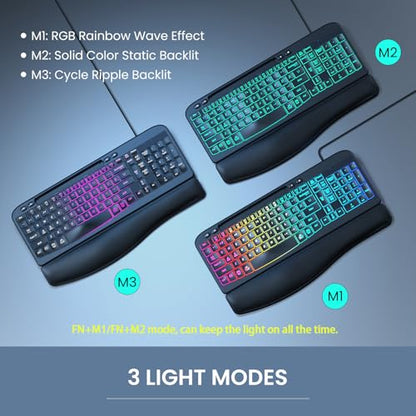 VEILZOR Wired Ergonomic Keyboard, 7-Color Backlit USB Computer Keyboard with Wrist Rest, Wave Keys, Phone Holder, Lighted Keyboard Compatible with PC, Laptop, Windows, and Mac