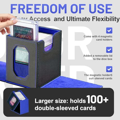 Trading Card Storage Box with Commander Display for MTG, TCG, Sports Cards, 5-in-1 Card Deck Box, Holds 450+ Double-Sleeved Cards, 4 Individual Deck Cases with Covers, Dice Tray & Magnetic Holders - color: Black & Blue