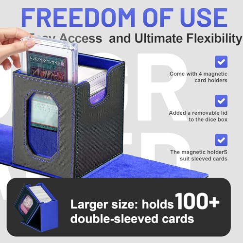 Trading Card Storage Box with Commander Display for MTG, TCG, Sports Cards, 5-in-1 Card Deck Box, Holds 450+ Double-Sleeved Cards, 4 Individual Deck Cases with Covers, Dice Tray & Magnetic Holders - color: Black & Blue