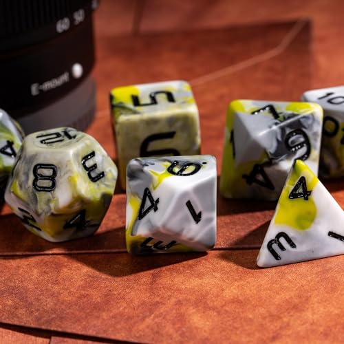 7PCS DND Dice Set RPG Resin Polyhedral Dice Set Camouflage Color with Leather Pouch for D&D Role Playing Games and Other Tabletop Games (Yellow) - color: Camo-yellow