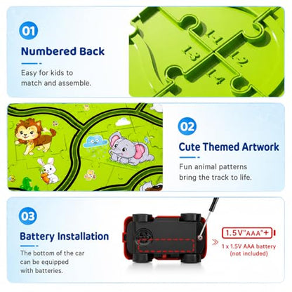 Beby Buty 64PCS Puzzle Race Track Car Set for Kids Boys, Floor Puzzle Tracks Car Toys for Boys Girls Ages 3-5 4-6, Toddler Toys Gifts for 3 4 5 Year Old, Ideal 3 4 5 6 Year Old Birthday Gifts - style: 64 PCS Animal Theme