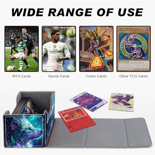 Magnetic Closure TCG Deck Box Portable Card Holder Trading Card Deck Box | PU Leather Collectible Card Case Game Trading Card Deck Box Storage Scratch Resistant Lining, Blue And Purple Glowing Wolf - color: Blue And Purple Glowing Wolf