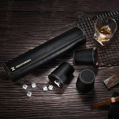 Leather Dice Cup Set, 10 Black Cups, 50 Dice with 2 Storage Travel Cases | 2 PU leather dice sets with Quiet Felt-Lined cups and cases for Liar’s Dice, craps, backgammon and party games - color: 2 Pack Black