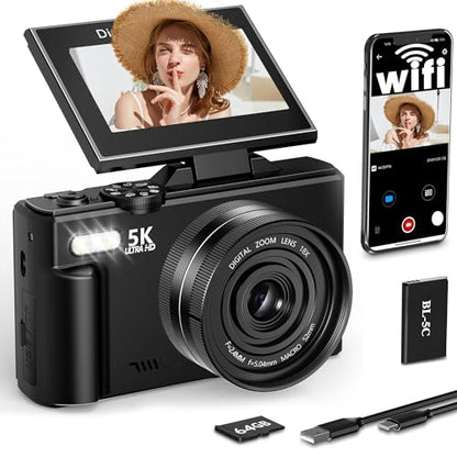 FLATIC 5K Digital Camera, 75MP Cameras for Photography with WiFi & 64GB TF Card, Autofoucs Vlogging Camera for YouTube with 180° Flip Screen, Vlog Camera Kit for Beginner, Teens
