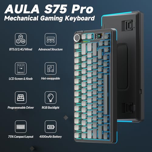 AULA S75 PRO Wireless Mechanical Keyboard with Screen&Knob, Tri-Mode Hot Swappable Gaming Keyboard 75%, Pre-lubed Switches, RGB Backlit, Side Printed PBT Keycaps, Creamy Sounding Computer Keyboards - color: Gradient Black