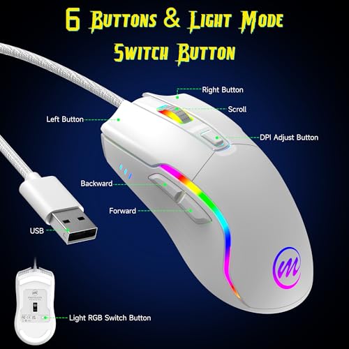 memzuoix Wired Gaming Mouse with RGB - 6 Adjustable DPI up to 12800, 6 Buttons, 12 Lighting Modes, Ergonomic Design with Anti-Slip Rubber Wheel, 5.6ft Braided Cable for PC/Mac/Windows - White - color: White