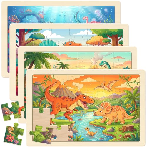 Puzzles for Kids Ages 4-6, 4-Pack 24-Piece Wooden Kids Puzzles | Dinosaur Adventure Themes | Educational Puzzles for Kids Ages 3-5, Age-Appropriate Learning Toys, Ages 3+ - color: Dinosaur