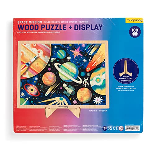 Mudpuppy Space Mission 100 Piece Wooden Puzzle for Kids, Ages 5+ | Outerspace Theme, Bright and Bold Illustrations, Sturdy Pieces, Display Stand Included, Room Décor - style: Space Mission