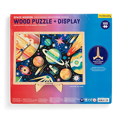 Mudpuppy Space Mission 100 Piece Wooden Puzzle for Kids, Ages 5+ | Outerspace Theme, Bright and Bold Illustrations, Sturdy Pieces, Display Stand Included, Room Décor - style: Space Mission