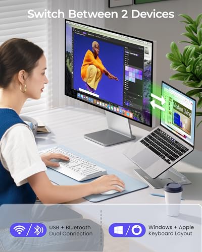 seenda COE200 Wireless Bluetooth Keyboard and Mouse Combo with Wrist Rest | USB/Bluetooth multi-device switching, quiet keys & clicks, full-size ergonomic set for PC, laptop, Mac, MacBook, White - color: White