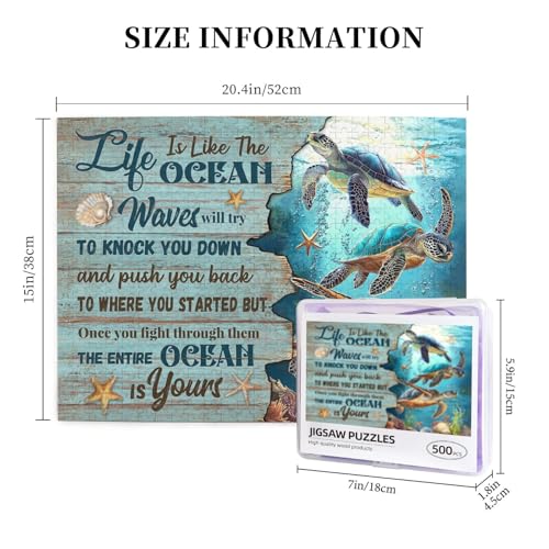 Sea Turtle Ocean Jigsaw Puzzle for Adult 500 Pieces Unique Inspiration Quote Wooden Jigsaw with Letters on Back Challenging Family Activity Games Turtle Gifts - color: Ocean Turtle 01, size: 500PCS