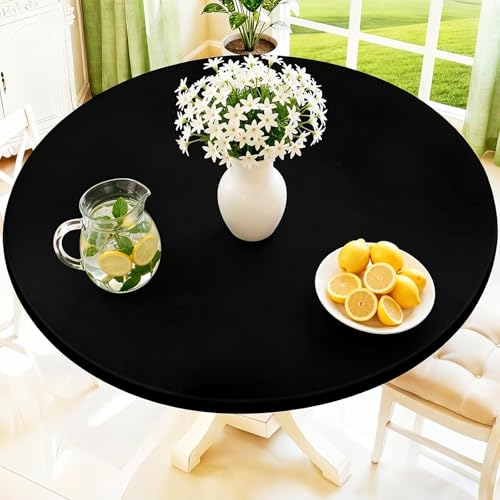 Moosfor Spandex Round Tablecloth, Fitted Table Cloth for 51"-62" Tables | Elastic Outdoor Picnic Table Cover, Circle Stretch Waterproof Table cloths for Patio, Dining, Kitchen, Black - color: Black, size: For Up to 51"-62" Round