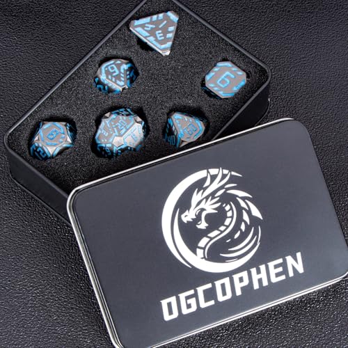 Metal DND Sci-fi Dice Set 7PCS Luminous Orange Stripe Polyhedral Dice for Dungeons Dragons RPG Role Playing Game, Glitter D and D Dice with Gift Box D6 D8 D10 D12 D20 - color: Nightlight - Blue
