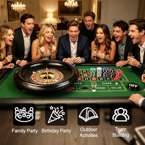 Casino Night Complete Game Set Include 16'' Green Roulette Wheel 35" X 16" Rubber Tabletop Layout Mat, 100 Chips Dealer Button Win Marker Casino Game Sets Gift Ideas