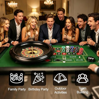 Casino Night Complete Game Set Include 16'' Green Roulette Wheel 35" X 16" Rubber Tabletop Layout Mat, 100 Chips Dealer Button Win Marker Casino Game Sets Gift Ideas