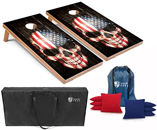 Tailgating Pros American Themed Lightweight Corn Hole Board Set w/Multicolored Built-in LED Lights, Bean Bags and Carrying Case - 4'x2' Cornhole Toss - color: Patriotic Skull