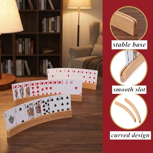 Tebery 4 Pack Wooden Playing Card Holder, Stable Game Card Trays Rack for Elderly, Hand Free Playing Cards Display Organizer for Family Game Night, 13 Inch